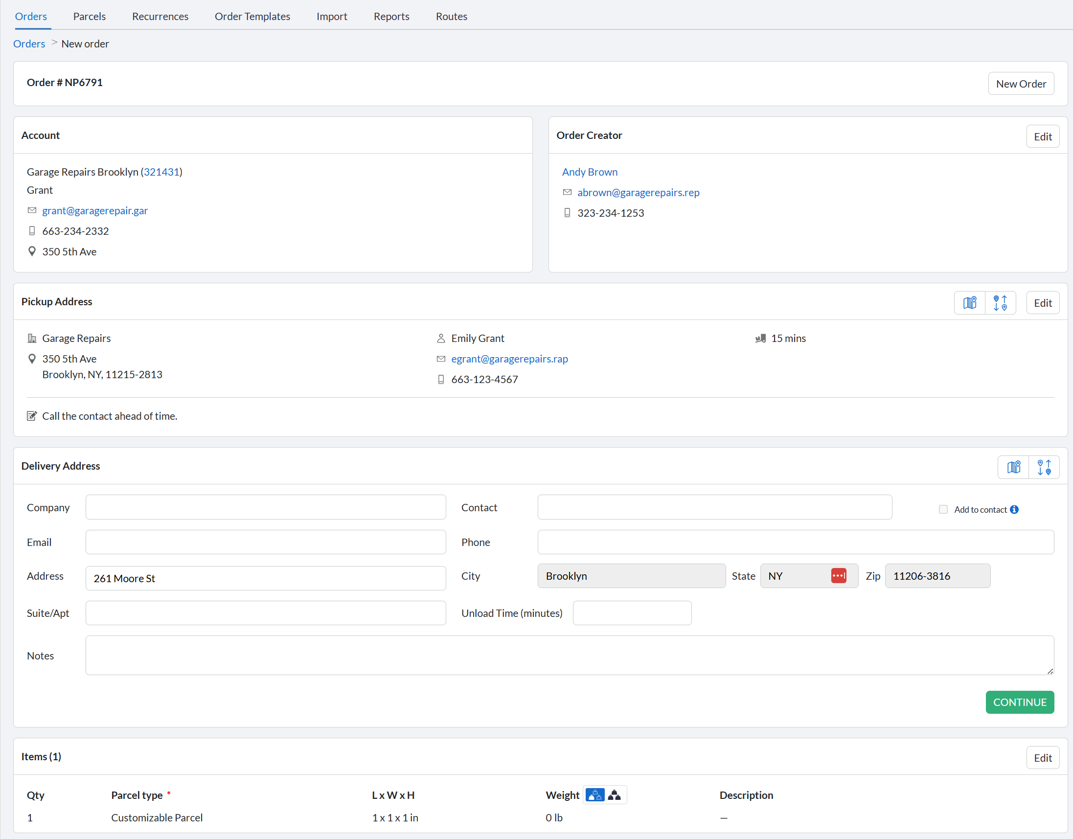 Order Creation screen