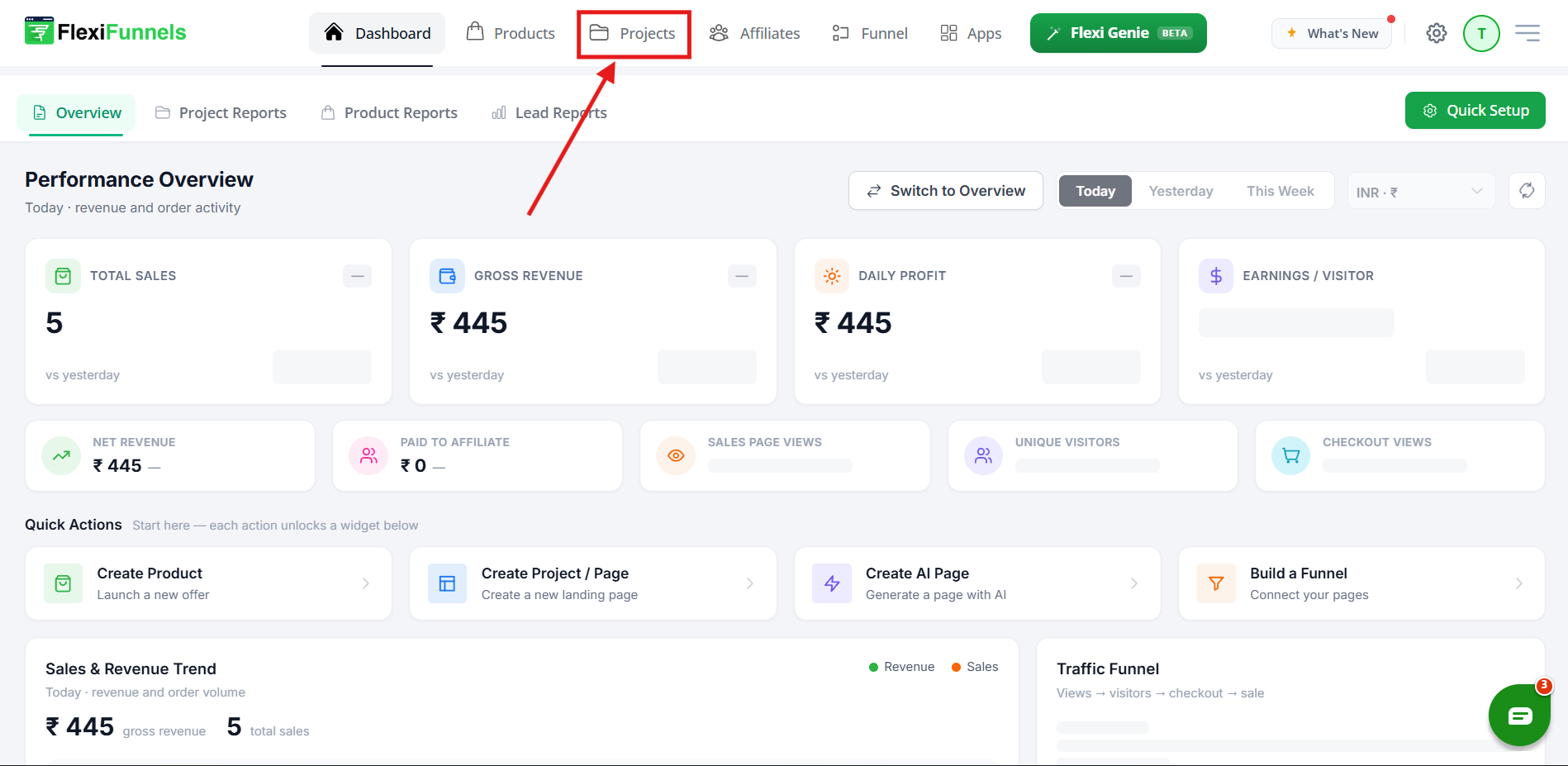 FlexiFunnels dashboard with the Projects tab highlighted