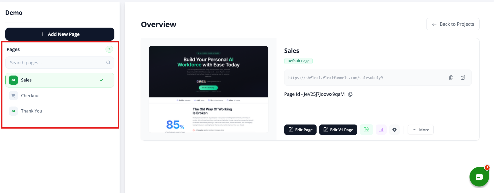 Pages panel showing Sales, Checkout, and Thank You pages inside a project