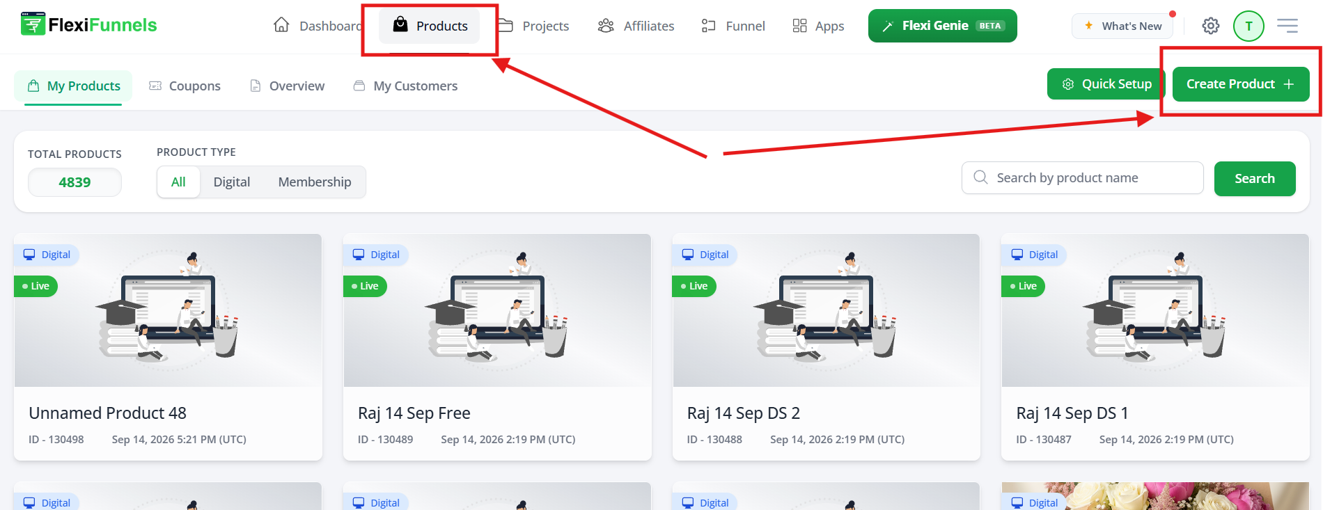 Products page with the Products tab and Create Product button highlighted