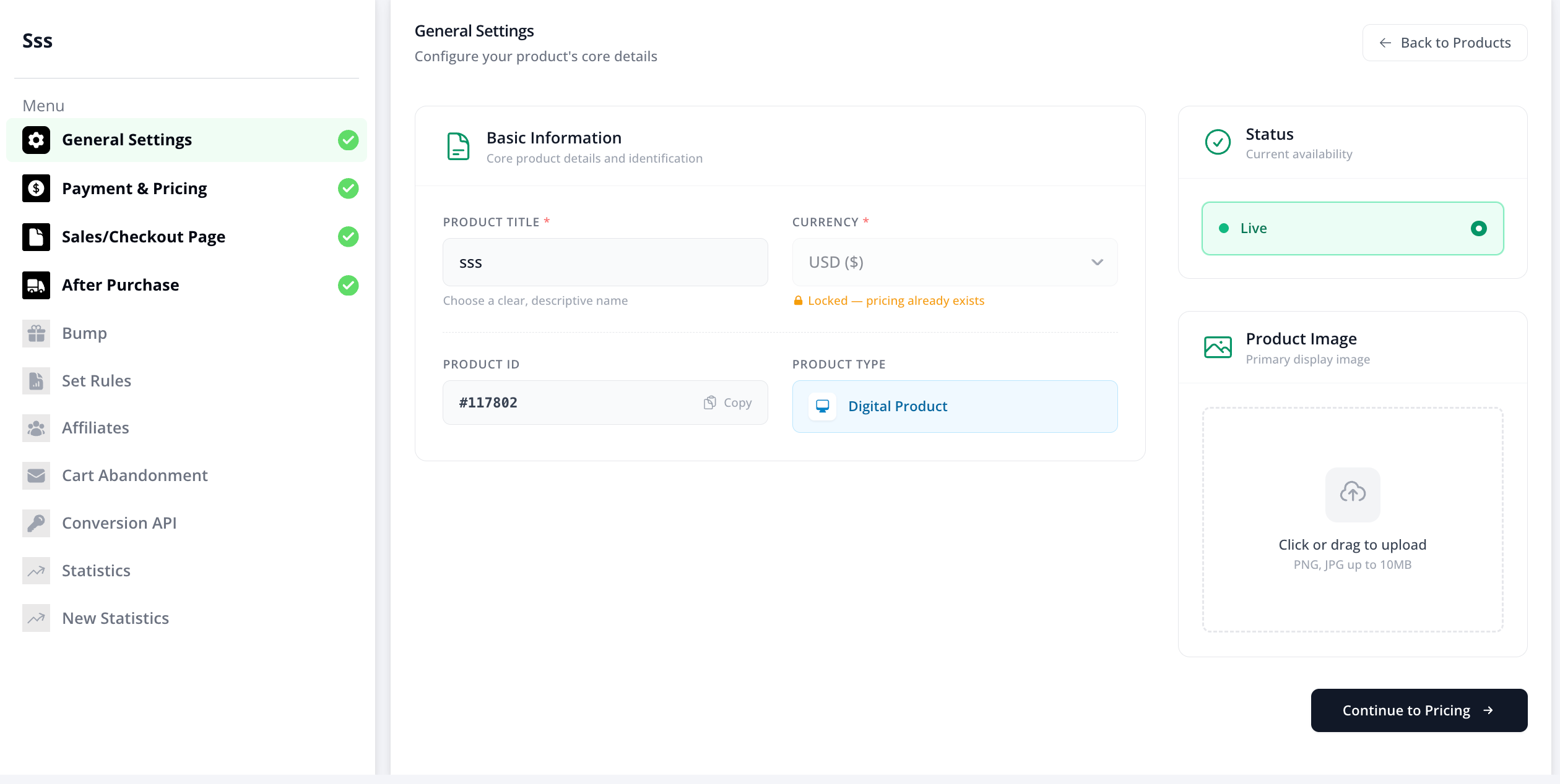 General Settings screen showing Product Title, Currency, Product ID, Product Type, Status and Product Image
