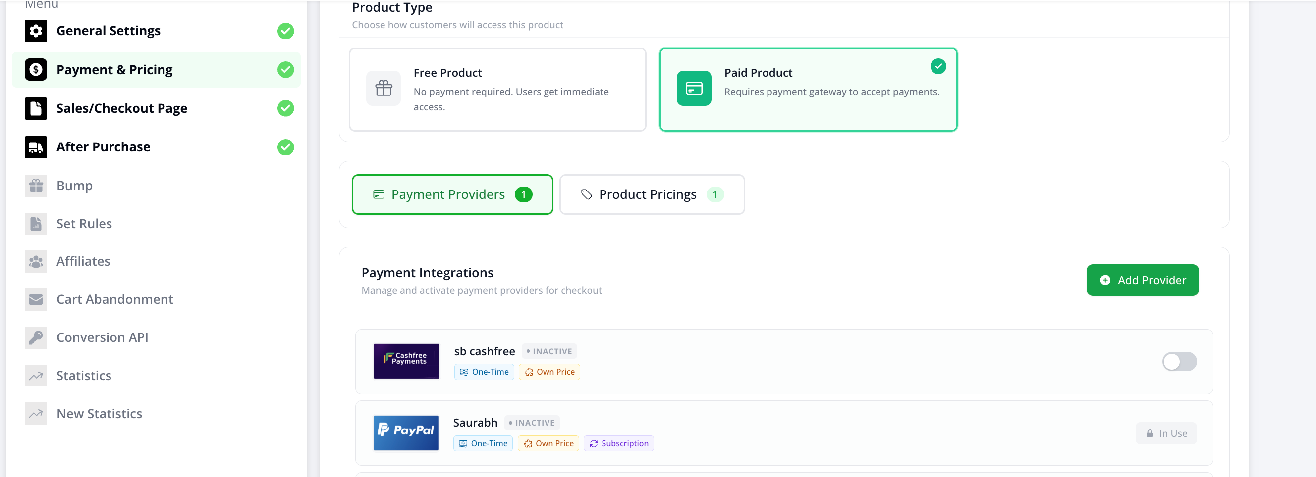 Payment and Pricing screen showing Product Type options and connected Payment Integrations including Cashfree and PayPal