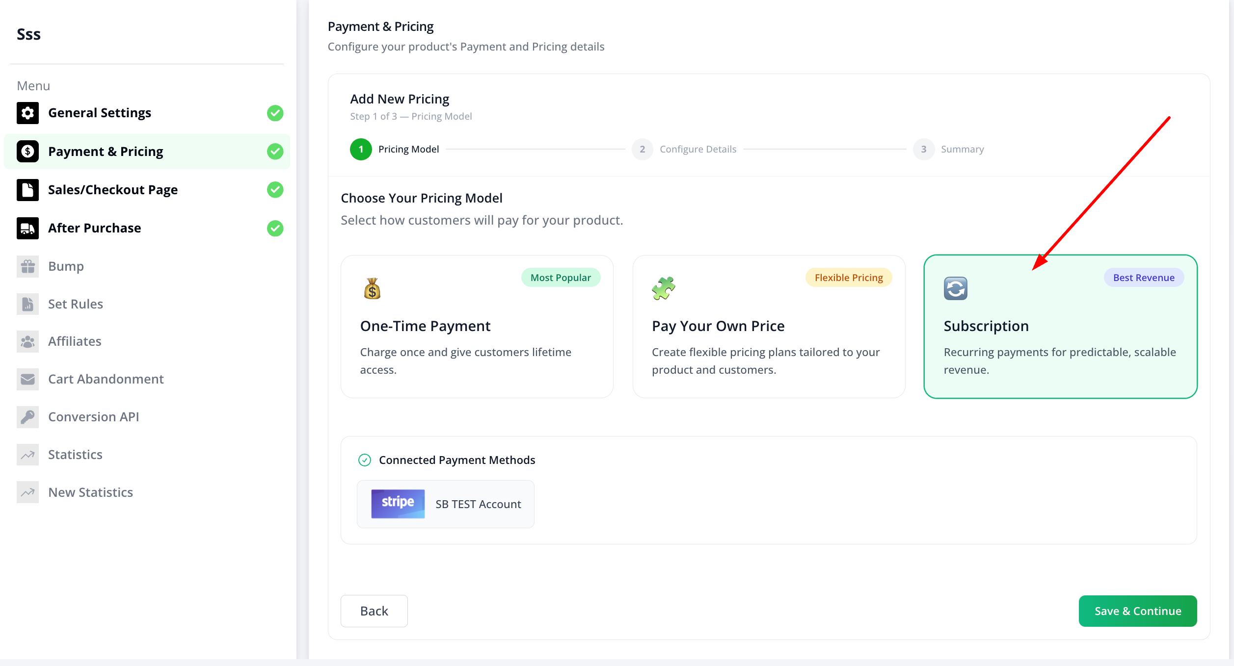 Add New Pricing wizard, Step 1 of 3, with Subscription pricing model selected