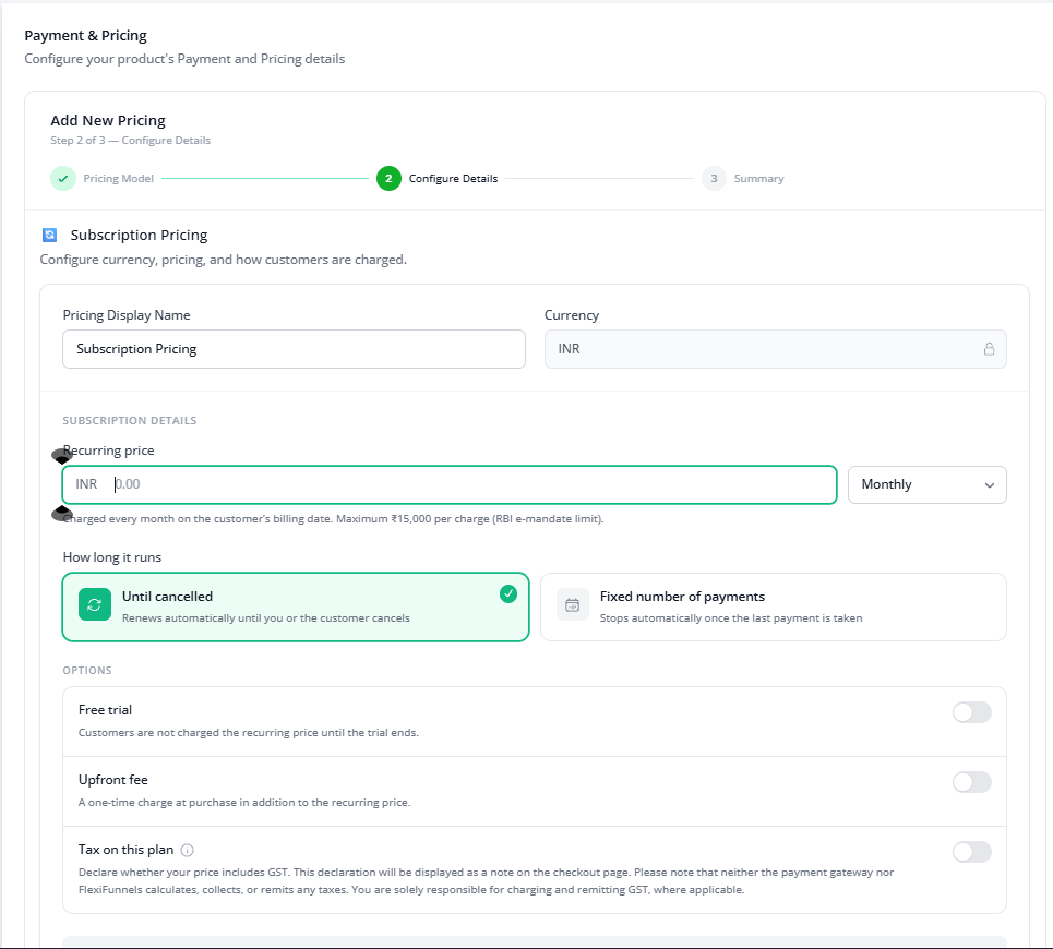 Configure Details screen showing Pricing Display Name, Currency, Recurring price set to Monthly, and Until cancelled selected