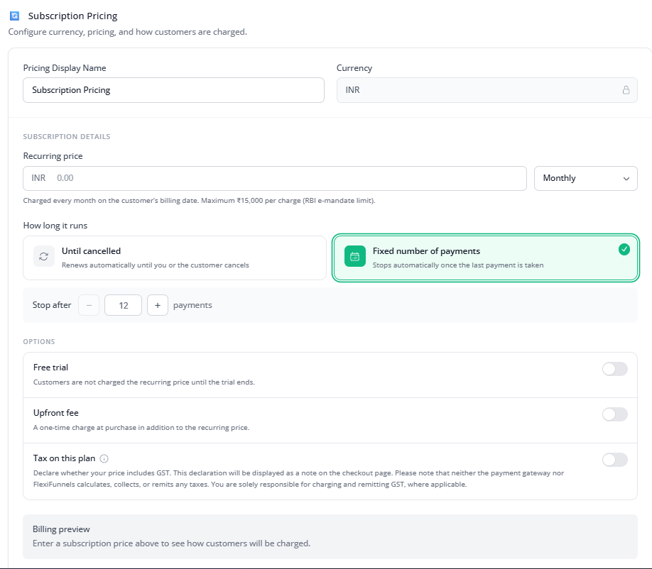Fixed number of payments selected with Stop after 12 payments field
