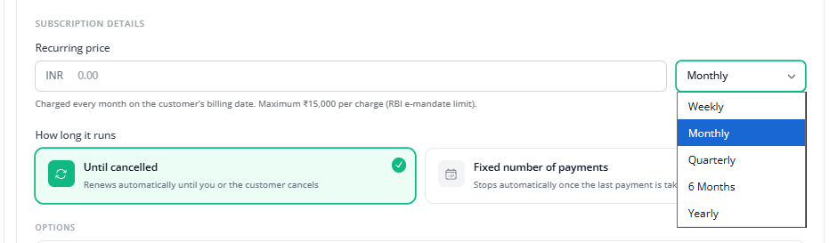 Billing frequency dropdown open, showing Weekly, Monthly, Quarterly, 6 Months, and Yearly
