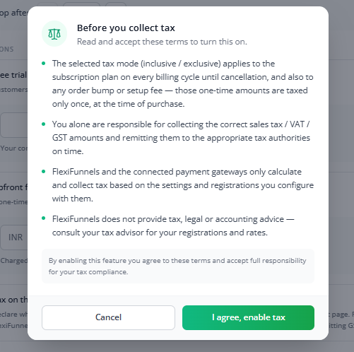 Before you collect tax confirmation modal with terms to accept