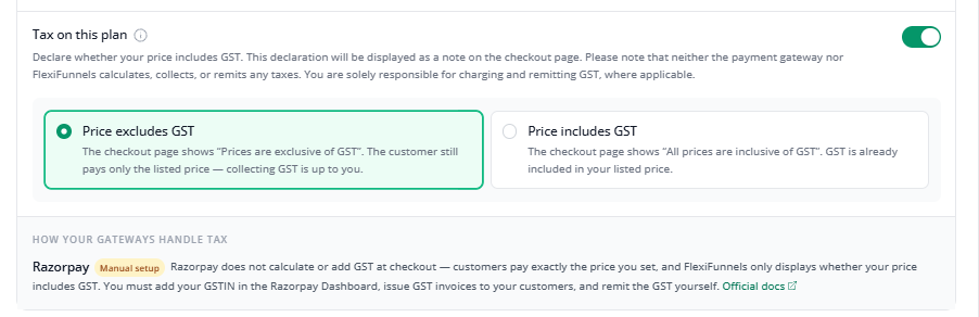 Tax on this plan enabled with Price excludes GST selected, showing Razorpay manual setup note