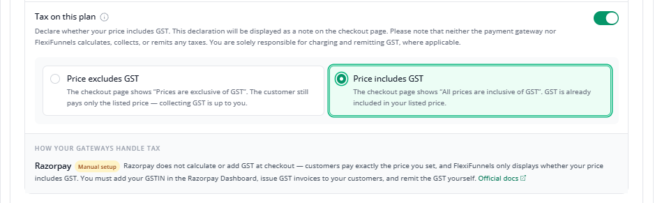 Tax on this plan with Price includes GST selected