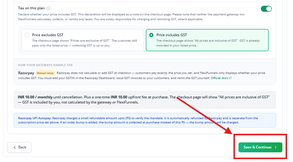Billing preview summarizing the recurring price, upfront fee, and GST setting, with Save and Continue highlighted