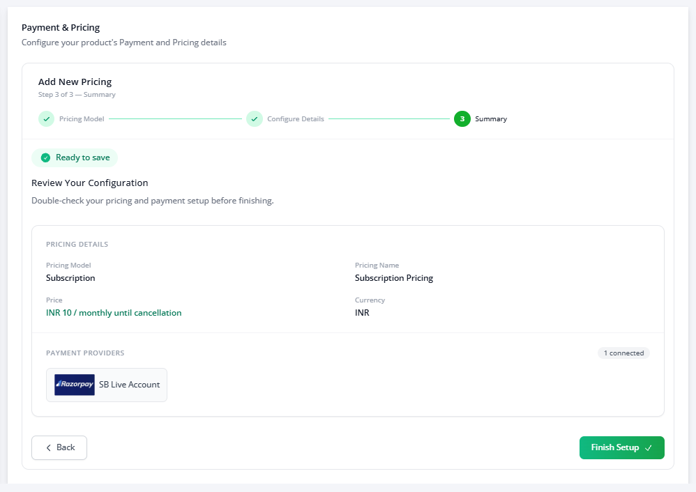 Payment and Pricing summary screen showing Ready to save with pricing details and Finish Setup button
