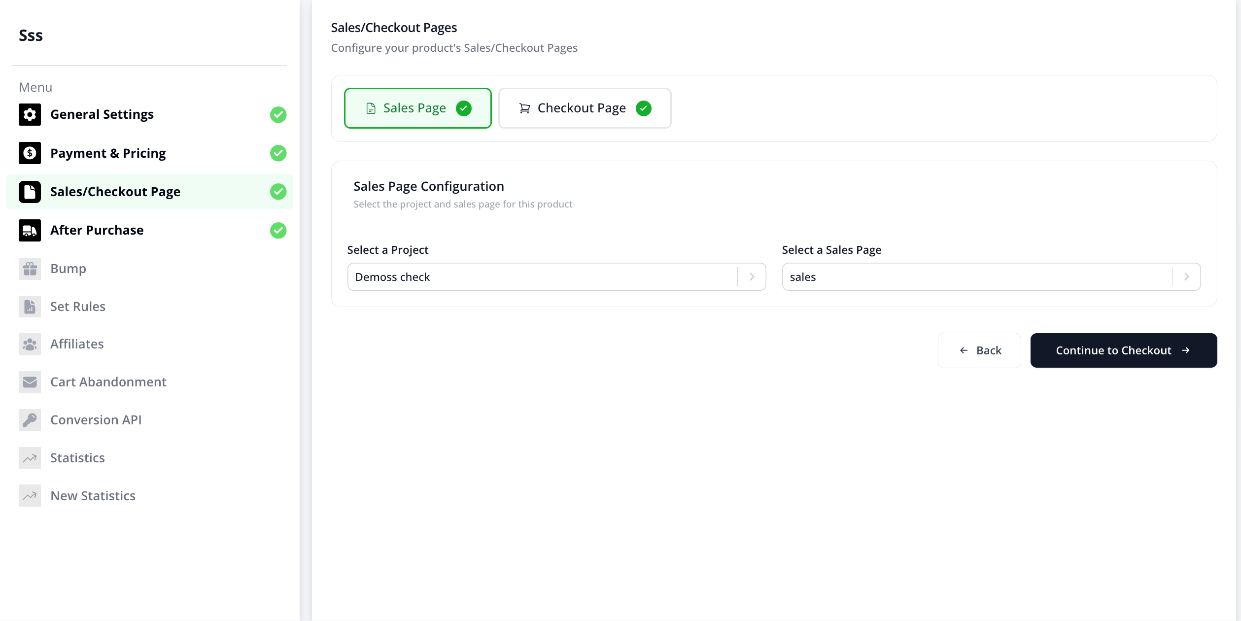Sales/Checkout Pages screen with Project and Sales Page selected