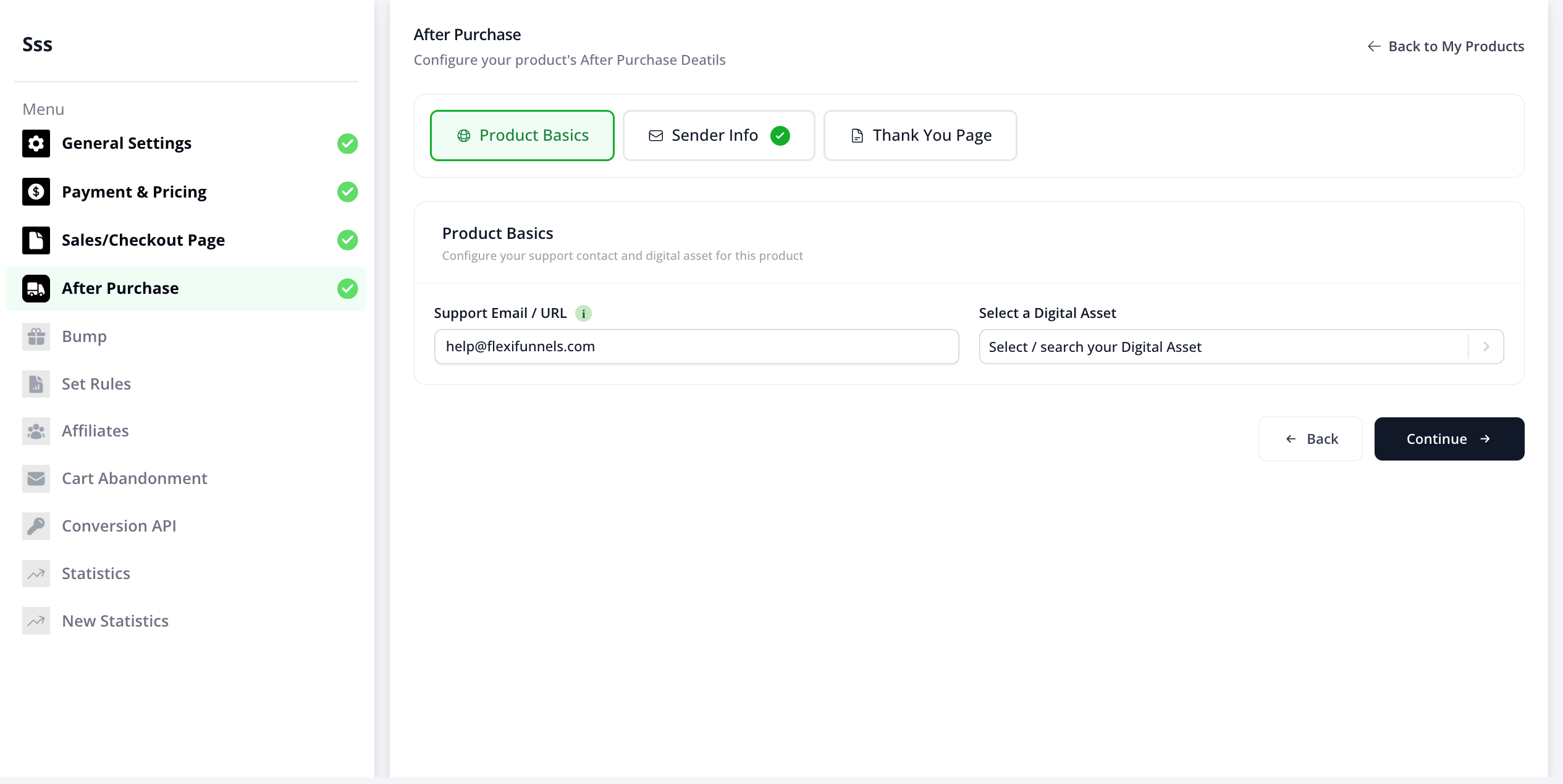 After Purchase screen with Product Basics tab showing Support Email and Digital Asset fields
