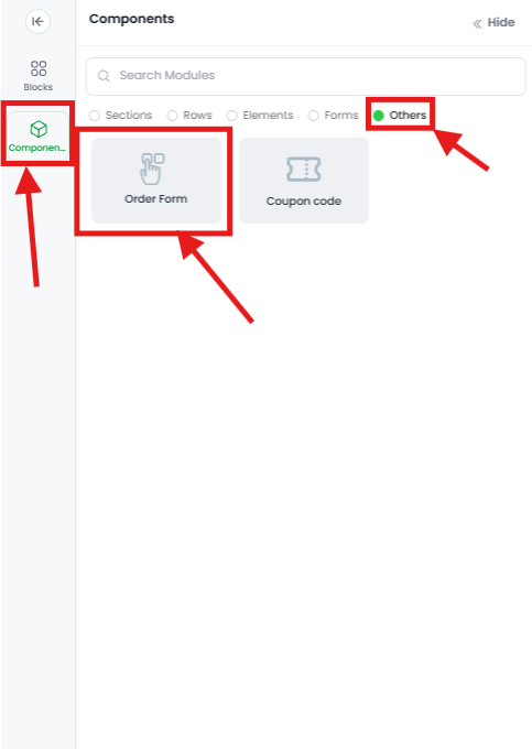 Components panel with Others category selected and Order Form element highlighted