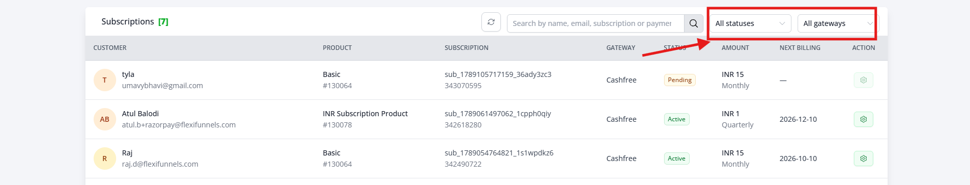Subscriptions table with column headers highlighted