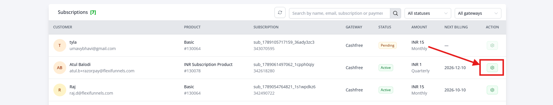 Subscriptions table with the status and gateway filter dropdowns highlighted