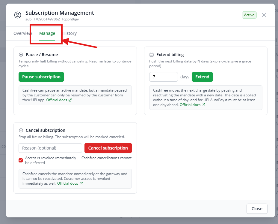 Subscription Management modal Overview tab showing customer, subscription, billing and lifecycle details