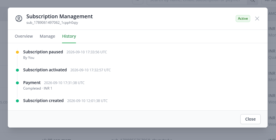 Subscription Management modal Manage tab showing Pause/Resume, Extend billing, and Cancel subscription options