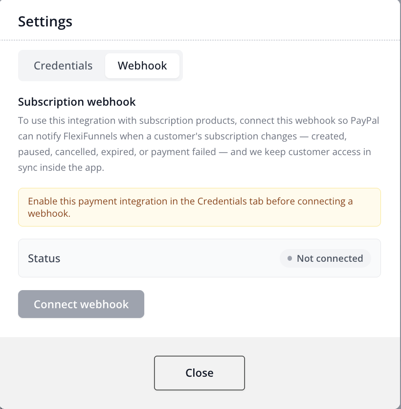 Settings modal Webhook tab for a payment integration, showing subscription webhook status Not connected and a Connect webhook button