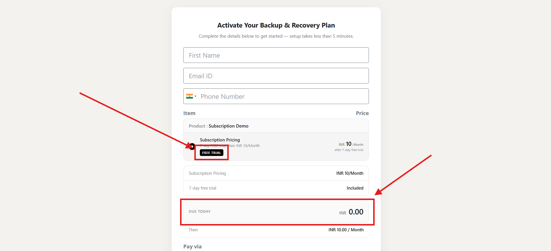 Frontend view of the free trial as shown to customers on the checkout page