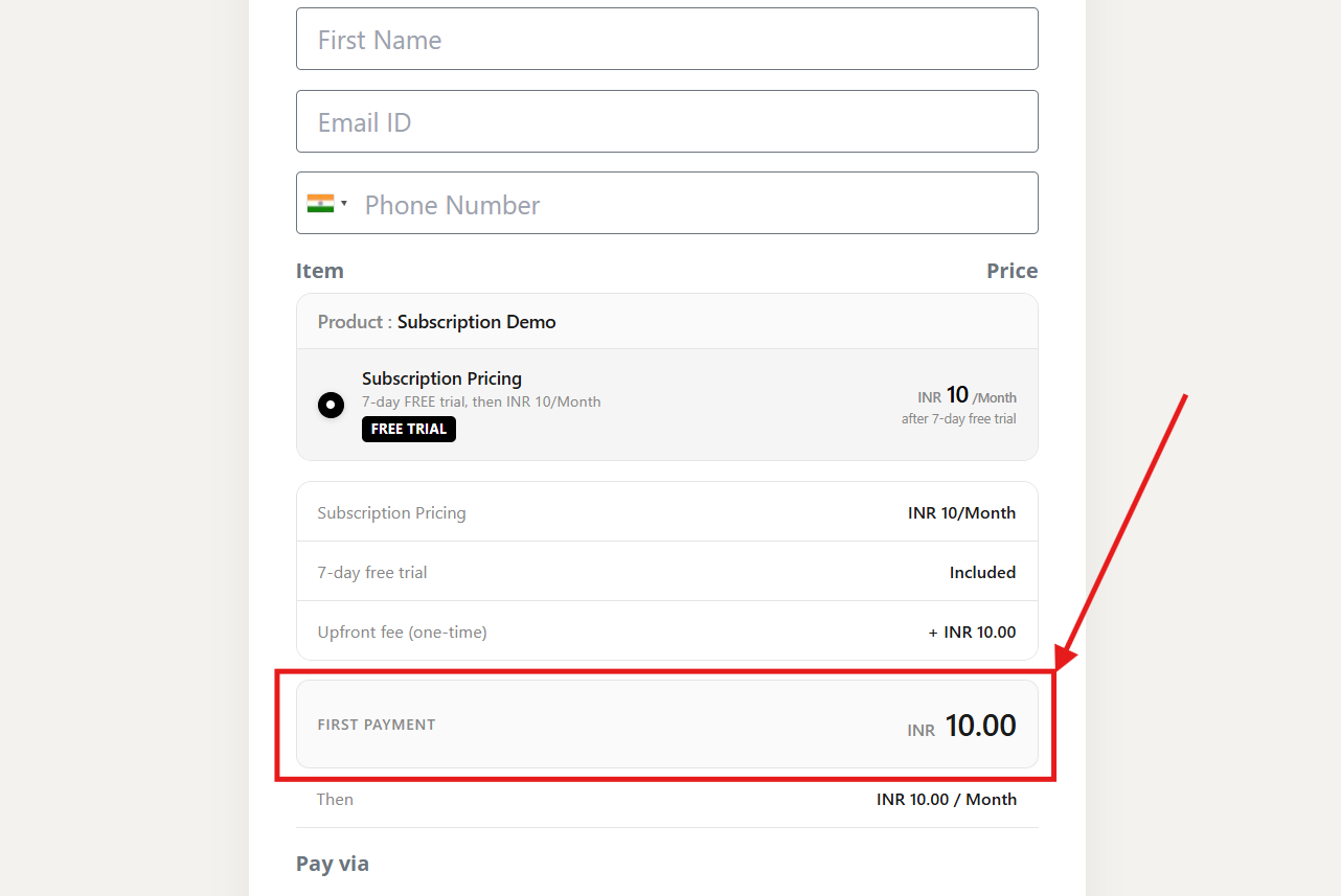 Frontend view of the upfront fee as shown to customers at checkout