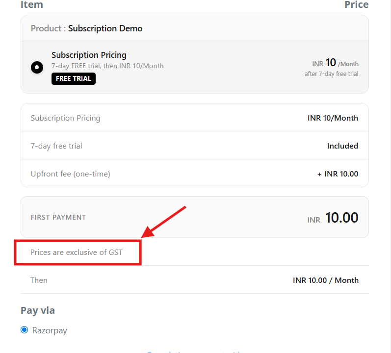 Frontend view of checkout when prices exclude GST
