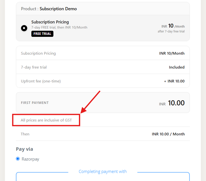 Frontend view of checkout when prices include GST