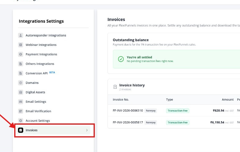 FlexiFunnels Invoices page with invoice history and CSV/PDF download buttons
