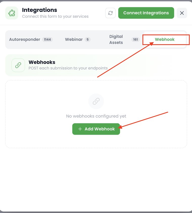 The Integrations window with the Webhook tab selected, showing an empty state that says No webhooks configured yet, with an Add Webhook button