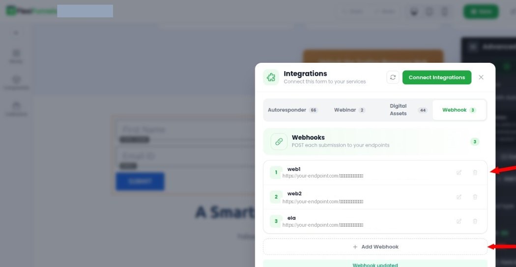 The Webhook tab now showing three configured webhooks, each with a name, a masked endpoint URL, and edit and delete icons, plus the Add Webhook button and a green Webhook updated confirmation message