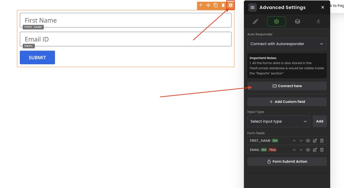 The form's Advanced Settings panel with the gear icon selected in the toolbar and the Connect here button highlighted under Auto Responder