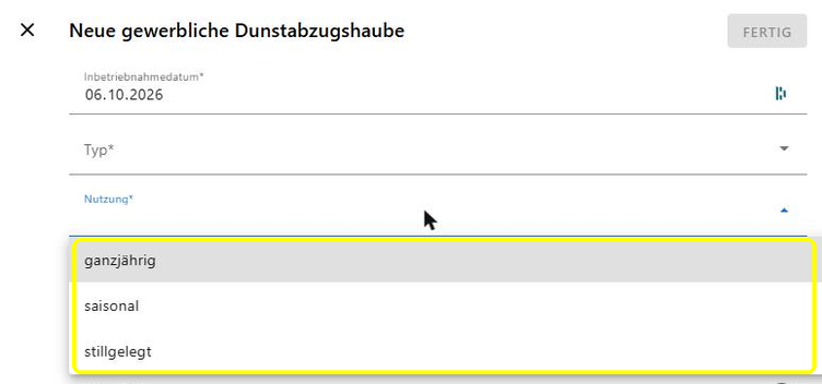 Das Formular Neue gewerbliche Dunstabzugshaube; gelb markiert die Auswahl der Nutzung