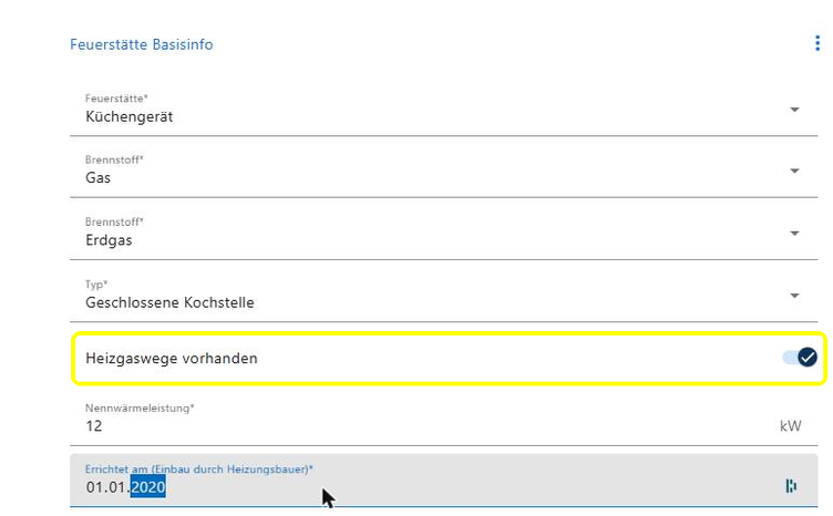 Die erste Seite des Assistenten für ein Küchengerät mit Brennstoff Gas; gelb markiert der Schalter Heizgaswege vorhanden