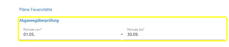 Die Seite Planereinstellungen des Assistenten; gelb markiert der Plan Abgaswegüberprüfung mit der Periode 01.05. bis 30.09.