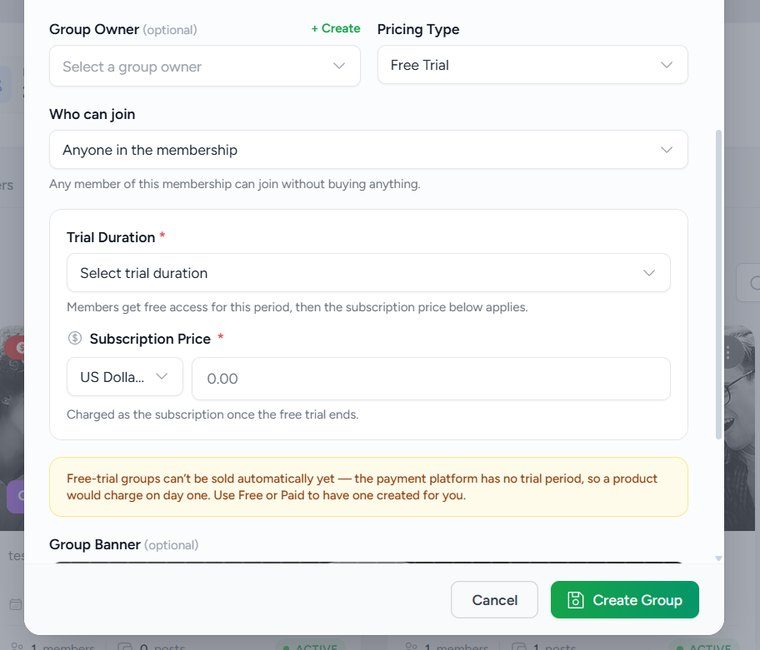 Create Group box with Pricing Type set to Free Trial