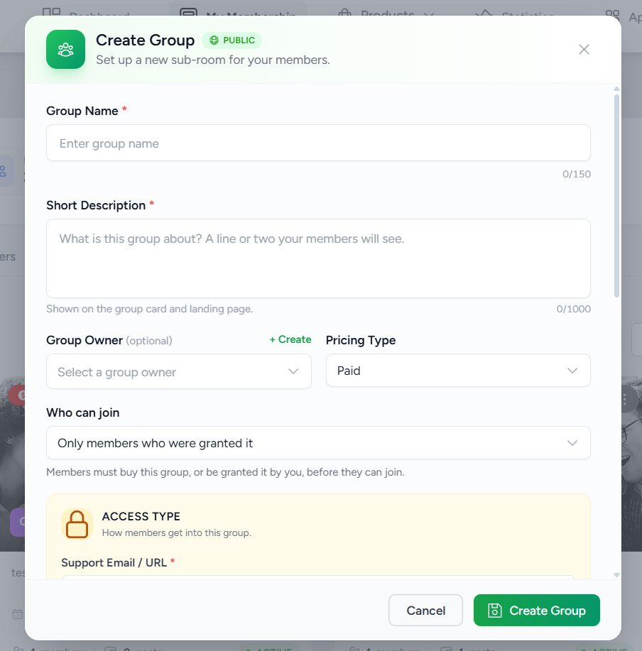Create Group box with Pricing Type set to Paid