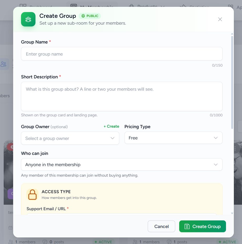 Create Group box with Pricing Type set to Free
