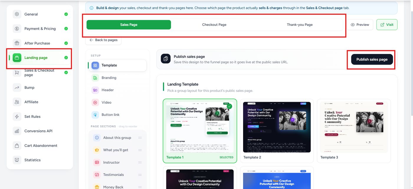 Sales Page tab with the Publish sales page button