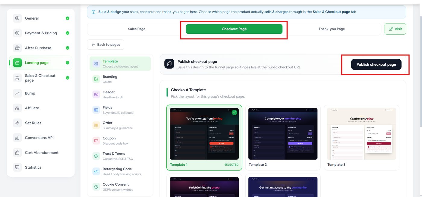 Checkout Page tab with the Publish checkout page button