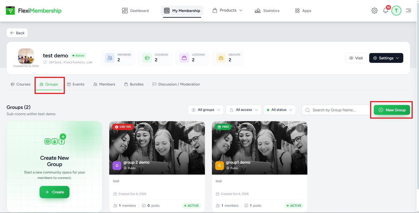 Groups tab with the New Group button