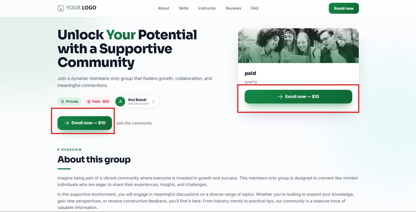 Live sales page with Enroll now buttons
