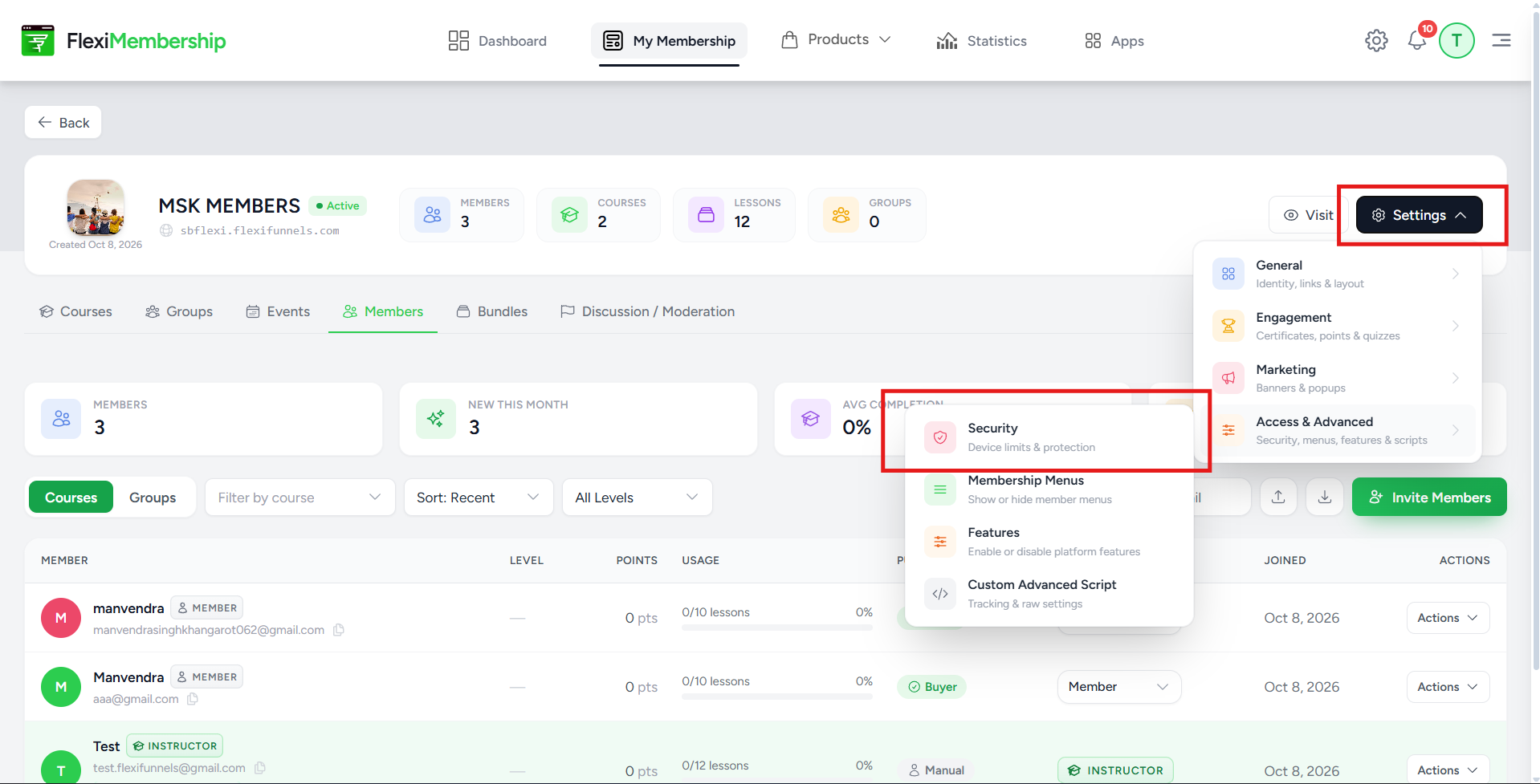 FlexiMembership Security settings