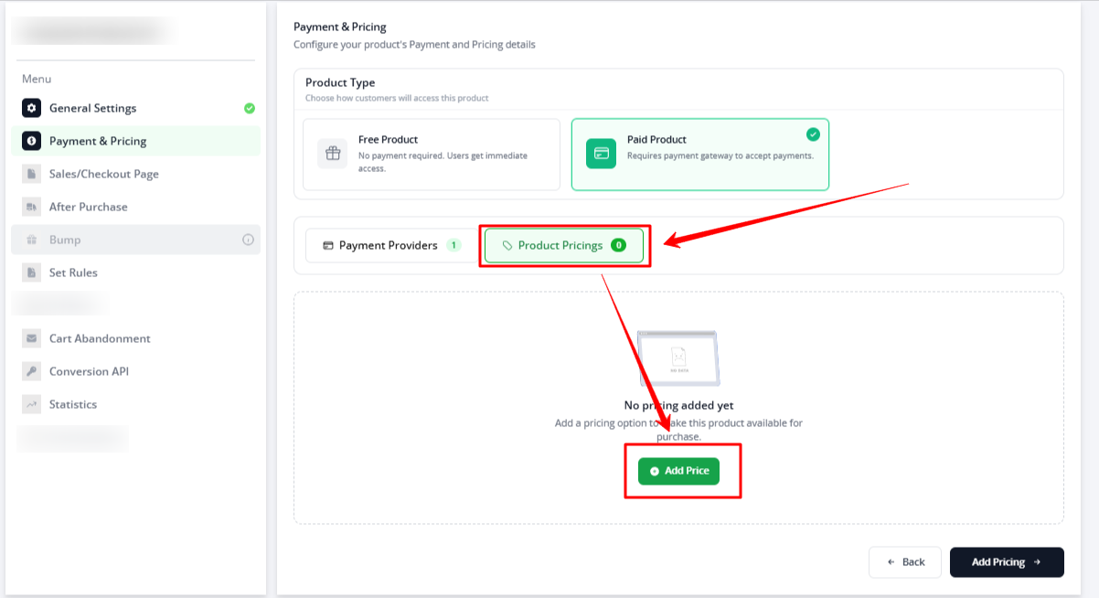 Screenshot for Step 5 — opening the pricing section