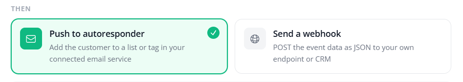 The THEN section with two action cards: Push to autoresponder and Send a webhook