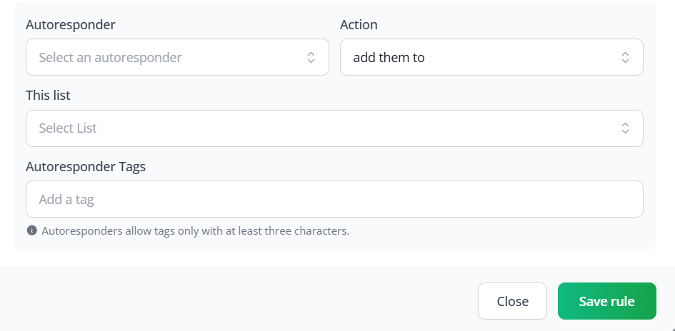 The autoresponder fields: Autoresponder, Action, This list and Autoresponder Tags