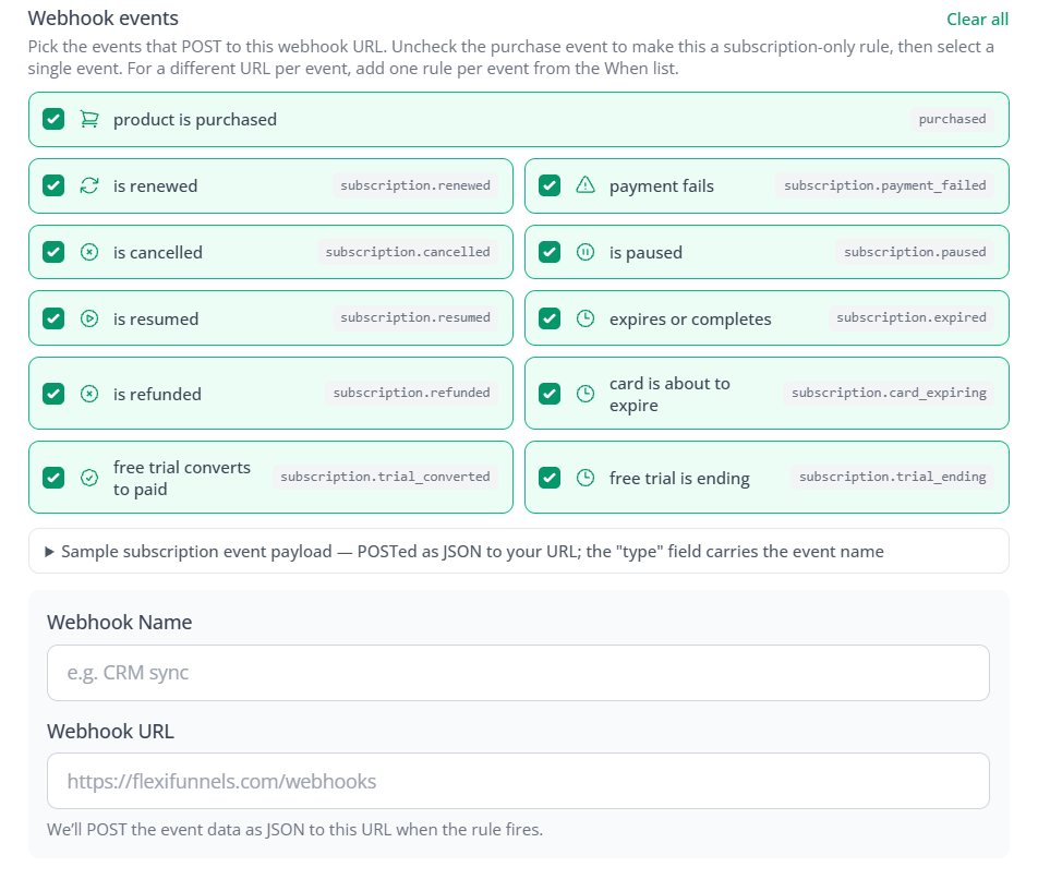 The Webhook events list with a checkbox for each event, plus Webhook Name and Webhook URL