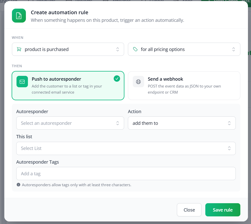 The Create automation rule window with the WHEN and THEN sections