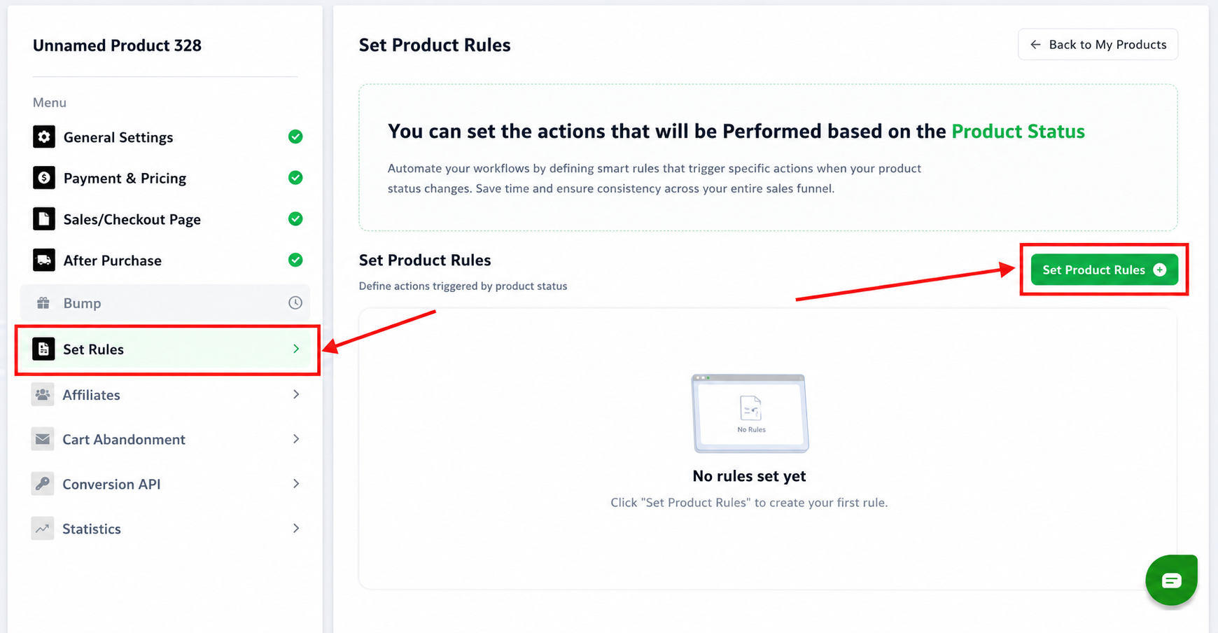 Product settings with Set Rules highlighted in the left menu and the Set Product Rules button