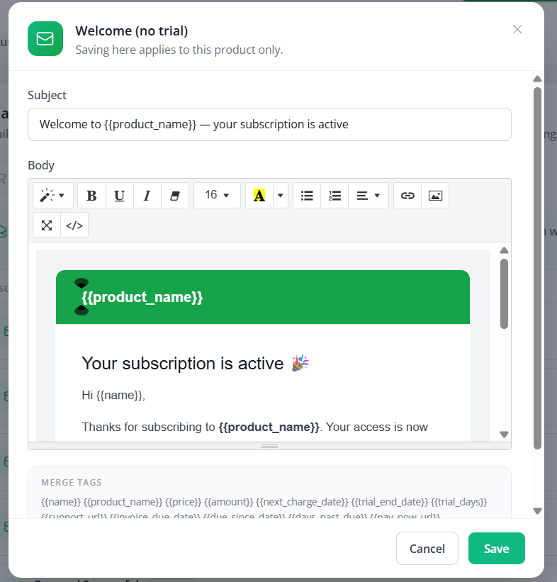The Edit window for a subscription email (2 of 2)