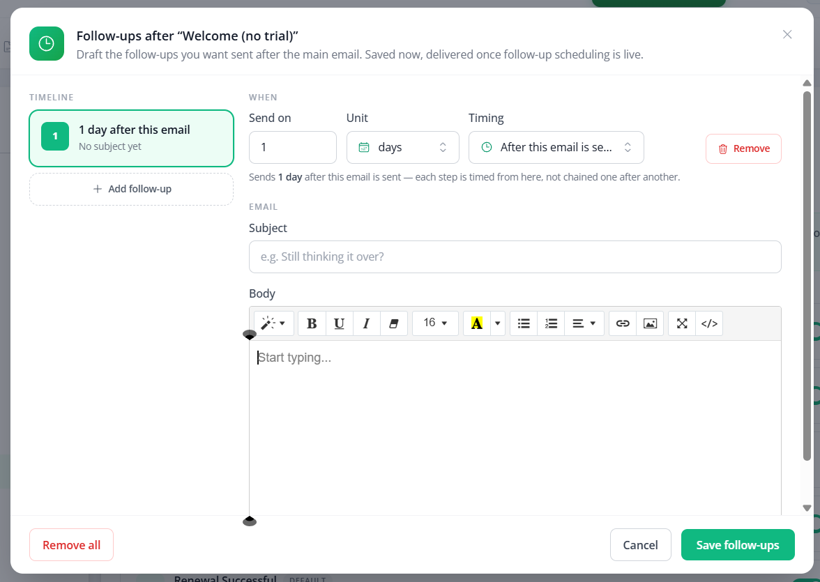 The follow-up form with Send on, Unit, Timing, Subject and Body